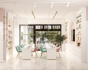 เฟอร์นิเจอร์ร้านทำเล็บแบบเรียบง่าย สีชมพู ผนังโชว์เล็บไม้ ตกแต่งร้านทำเล็บแบบกำหนดเอง ดีไซน์ภายใน 3 มิติ ไฟ LED เป็นมิตรกับสิ่งแวดล้อม - Product Image 6