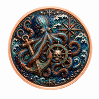 Moneda de Cobre Kraken, Monstruo Marino, 5AVDP oz .999, Fina, 3D, Alto Relieve, Color UV, Pirata, Memento Mori, Ancla, Arte Coleccionable