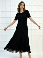 Robe longue plissée à col rond et manches courtes pour femme, taille unique, style décontracté, mode estivale, avec pompons, par un créateur