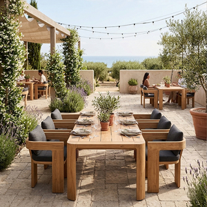 Tavolo da Pranzo Rettangolare RH Sedona in Teak, Teak Massiccio con Venature Naturali e Gambe a Pannello Largo, Set da Pranzo Moderno per Esterni - Product Image 1