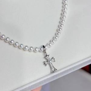 Accessoires en perles DIY 31279, pendentif en argent S925, collier simple avec croix vide, perles rondes de 6 à 8 mm de taille princesse - Product Image 2