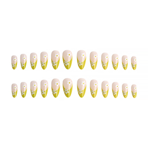 <span class=keywords><strong>Faux</strong></span> ongles longs en amande à presser, vert néon avec motif marguerite blanche, finition brillante nude pour femmes - Product Image 4