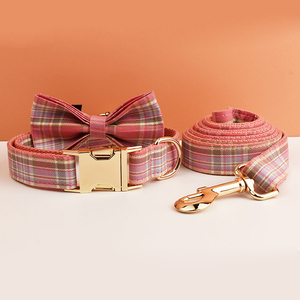 Recién llegado, suministros para mascotas, <span class=keywords><strong>Collar</strong></span> de perro con hebilla de Metal a cuadros, conjunto de collares y correa para perro personalizado grabado con lazo - Product Image 3