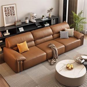 Italian minimalist top grain leather <b>sofa</b> elephant armrest straight couch for living room home large small apartment - Product Image 4