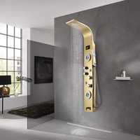 Colonne de douche en nickel brossé doré, panneaux de douche en acier inoxydable à montage mural avec panneau de douche en verre