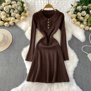 Vestido informal de <span class=keywords><strong>manga</strong></span> <span class=keywords><strong>larga</strong></span> con cuello redondo de punto de un solo botón para mujer - Product Image 4