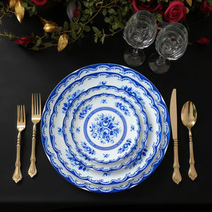 Assiettes de présentation florales vertes pour mariage, ensembles d'assiettes à dîner vertes et blanches en porcelaine fine - Product Image 2