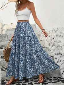 Gonne a righe con stampa floreale blu a righe eleganti abbigliamento Oem produttore <span class=keywords><strong>gonna</strong></span> <span class=keywords><strong>lunga</strong></span> Boho a vita alta elastica per donna - Product Image 6