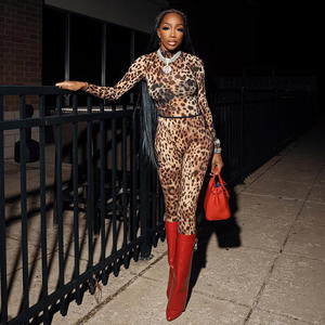 Leopar baskı 2 parça Set kadın uzun kollu giyim  üst ve Legging kadınlar için iki parçalı Set kıyafet Loungewear seti kadınlar - Product Image 5