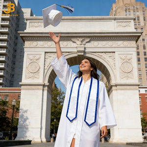Robe de graduation et toque blanches mates pour lycée et université avec stola et bordure bleu roi à vendre - Product Image 3