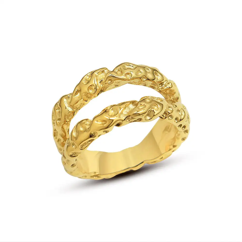 Individueller Damen-Fingerschmuck Edelstahl 18K Gold vergoldet unregelmäßig hammernd Ring anlaufsicher frei wasserdichter Goldschmuck