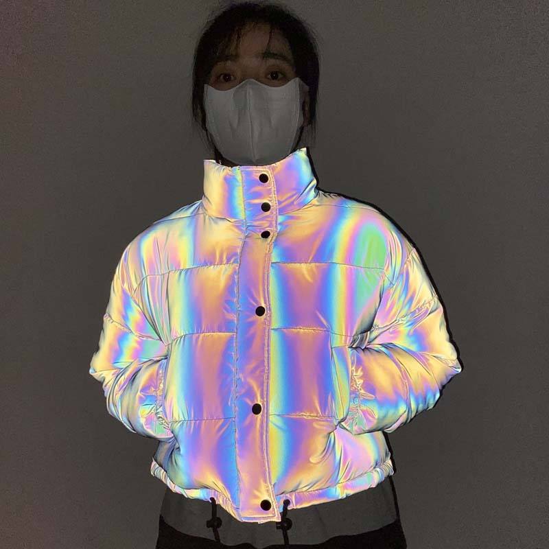 Rainbow Puffa Coat Ladies High Visibility Rainbow Reflective
