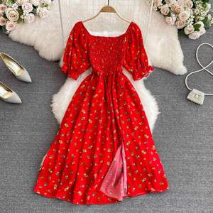 <b>Summer</b> New French Style Gentle Sweet Square Neck Puff <b>Short</b> Sleeve Waist-Cinching Slimming Slit A-Line <b>Dress</b> - Product Image 4