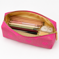 Trousse à crayons à motif de cœurs roses avec tissu chatoyant et fermeture éclair dorée pour le rangement des fournitures de papeterie