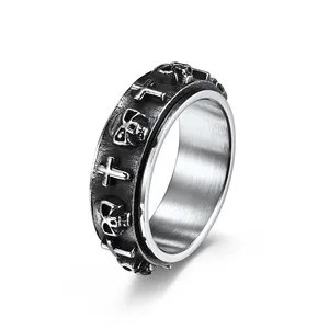 8Mm Licht Luxe Gieten Zilver Goud Zwart Schedel Kruis Roestvrij Staal Ring Roterende Dynamische Decompressie Ring Vinger Ringen