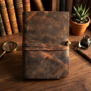 Carnet de notes en cuir véritable fait main, style couverture rigide, papier à bords festonnés, reliure cousue, fermeture à sangle, Puratan Overseas - Product Image 1