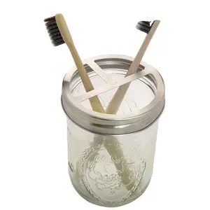 Toothbrush Holder Ball Mason Jar 16 Ounce with Silver Stainless-Steel Lid, Rustic Wide Mouth Farmhouse Decor