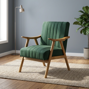 Modern <b>Blue</b> Velvet Living Room <b>Chair</b> With Wooden Legs Tufted Back Solid Design Midcentury Style Leisure Furniture - Product Image 4