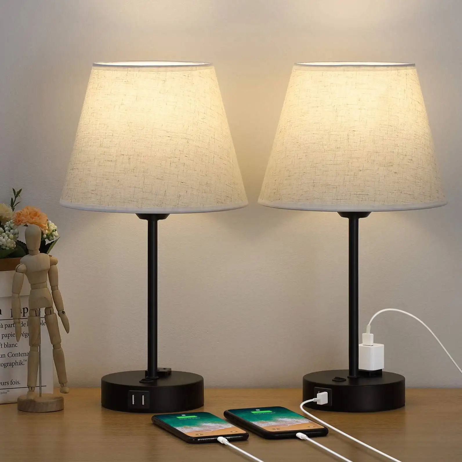 Lâmpadas de mesa de estudo de luxo modernas, lâmpadas de cabeceira com 2 portas de carregamento USB, luminária de mesa LED