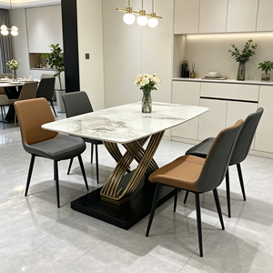 Ensemble de table à manger moderne en pierre frittée avec base en acier inoxydable doré torsadé, chaises en cuir PU, 6 places, style minimaliste - Product Image 3