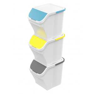 Set di 3 Contenitori Bianchi da 25 Litri per Raccolta Differenziata, Impilabili con Coperchi Colorati, Dimensioni 40x30x34 Cm - Product Image 1