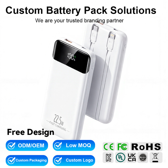 Custom Logo 10000mAh Power Bank Bulk Wholesale PD22.5 Fast Charging Portable Charger Built-in 2 Cables Type-C USB Output OEM