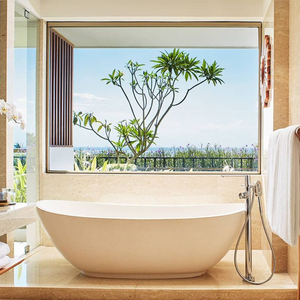 Baignoire autoportante moderne en pierre artificielle en terrazzo blanc Baignoire de trempage de 2m avec égouttoir et robinet pour usage intérieur ou hôtel - Product Image 4