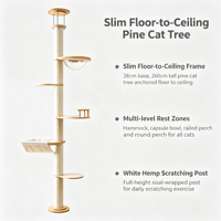 Arbre à chat en pin réglable de 260 cm du sol au plafond avec hamac, capsule acrylique, perchoir à balustrade et poteaux à gratter en sisal pour plusieurs chats
