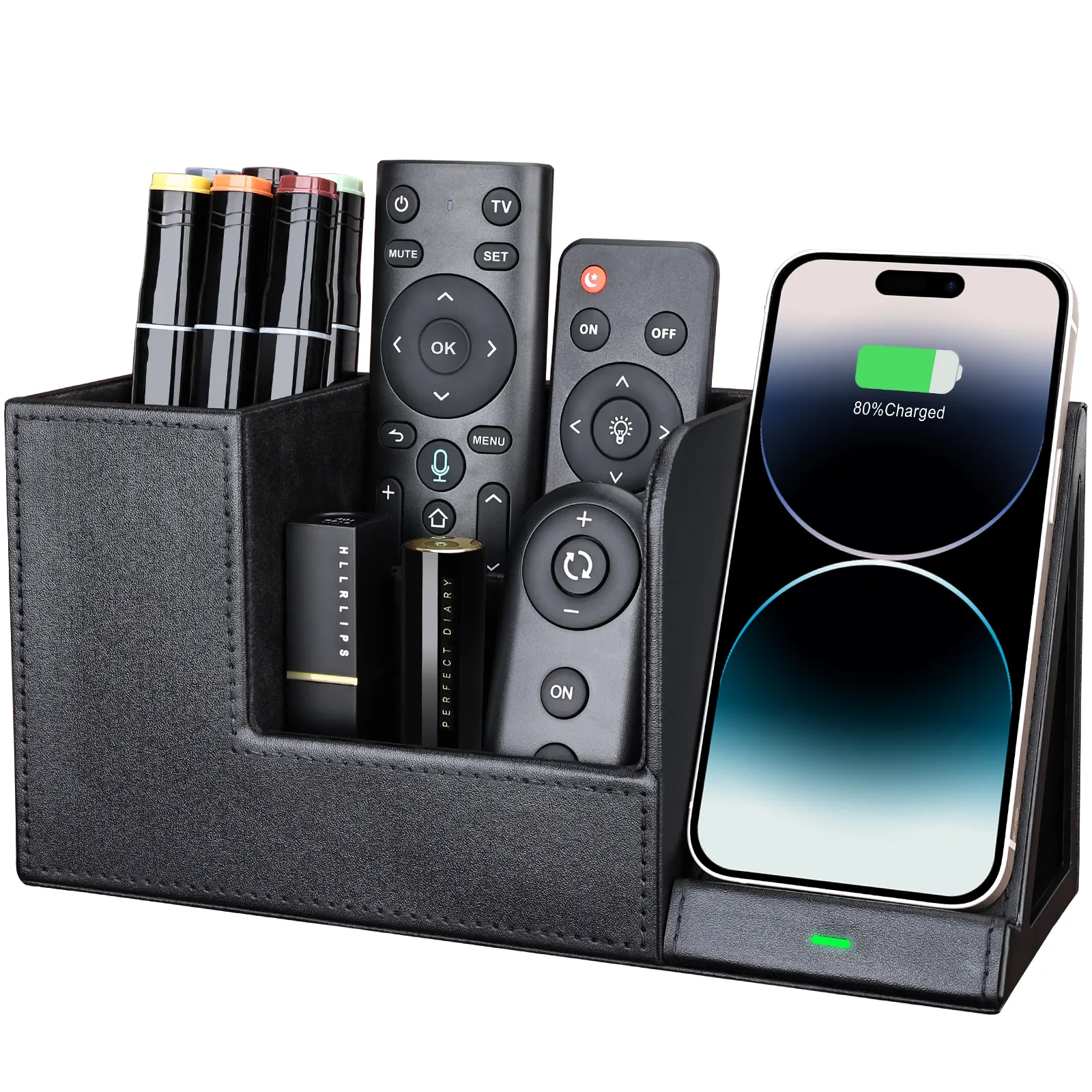 Custom 2 in 1 Pen Desktop Organizer Leather Charging Station Wireless Phone Charging Stand Holders