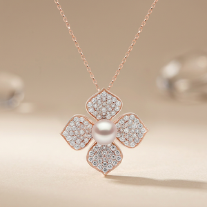 Pendentif fleur en or rose et perles avec accents de diamants, collier romantique pour femme - Product Image 2