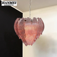 Lustre à LED en verre rose givré antique français avec hauteur réglable pour l'éclairage d'escalier de maison et de villa