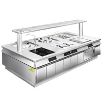 Équipement de cuisine commerciale, îlot modulaire, plan de travail en acier inoxydable, cuisinière professionnelle, solutions de restauration hôtelière