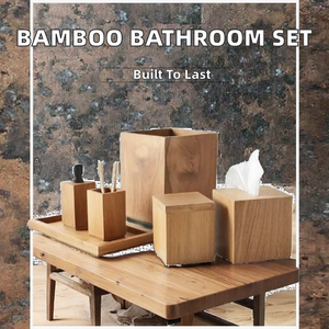 Ensemble de salle de bain en bambou écologique cinq pièces : contenants pour shampoing et gel douche, porte-brosse à dents en bois, porte-savon en bois - Product Image 2