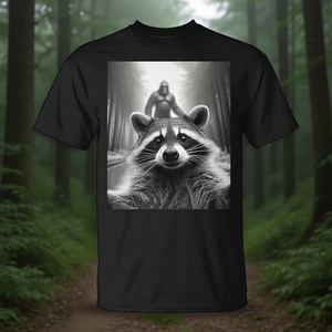 T-shirt pour enfant Bigfoot, T-shirt promotionnel avec selfie de raton laveur effrayé - Product Image 3