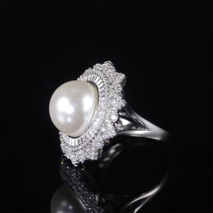Abiding antik Deluxe zarif büyük yuvarlak 16MM beyaz kabuk inci yüzük imitasyon inci takı 925 gümüş çok Halo kadınlar yüzük - Product Image 5