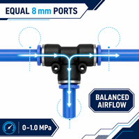 Raccord pneumatique en T égal série PE, à connexion rapide pour tuyau d'air, de 4 mm à 16 mm, connecteur à trois voies
