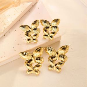 Gold Trendy Statement Stud Earrings <b>Women</b> Sculptural Flower Textured Heart Leaf 14K Gold Plated Stainless Steel Exaggerated - Product Image 5