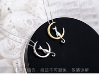 Collier chaîne à maillons en argent 925, nouveau design tendance, motif chat et lune, plaqué rhodium, pour femme - idéal pour mariage ou cadeau