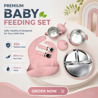 Ensemble de 6 pièces pour l'alimentation des bébés en acier inoxydable 304 sans BPA, comprenant couverts pour enfants, assiette compartimentée, bol à ventouse, bavoirs et tasse à bec.