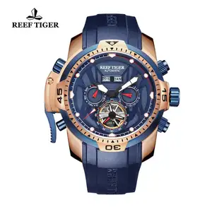 Reef Tiger RGA3532 2024 Caoutchouc Calendrier Automatique Date Jour Compliqué Cadran Noir Bracelet Mécanique montre de récif de tigre