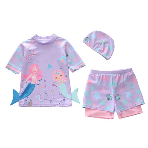 Maillot de bain deux pièces pour filles, style <span class=keywords><strong>sirène</strong></span>, avec haut à manches courtes, short et bonnet de bain - Product Image 3
