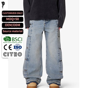 Jeans anchos de hombre con lavado claro y botones laterales, nueva colección 2026, pantalones vaqueros holgados con dobladillo sin rematar, estilo urbano, servicio OEM ODM personalizado - Product Image 1