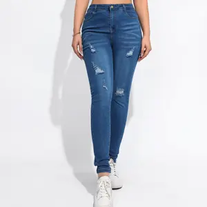 ODM OEM Jeans modis Jeans Wanita rusak ketat Super Skinny robek pinggang tinggi kustom wanita Jeans Denim