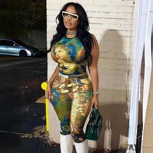 Y0514 Verano Nuevo Venta caliente Retro Pintura al óleo Impresión digital Manga Pantalones ajustados Conjunto impreso - Product Image 1