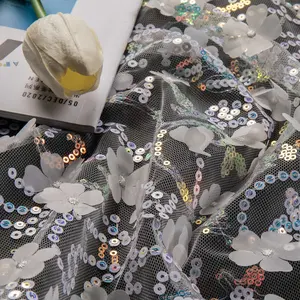 Mavi Glitter tül kumaş güzel 3D çiçek işlemeli pullu dokulu düğün elbisesi kumaşlar yüksek kalite fabrika malzemeleri