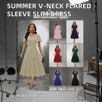 Nouvelle robe midi en mousseline de polyester anti-rides, col en V, manches évasées, taille cintrée, amincissante, printemps/automne/été