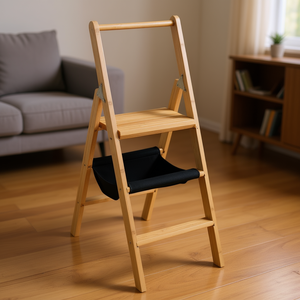 Escabeau pliable en bambou à 3 marches avec sac de rangement pour outils pour usage domestique - Product Image 2