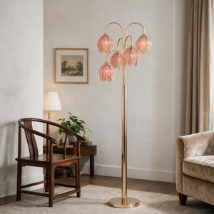 Lampe sur pied décorative élégante à motif floral, 4 fleurs de lotus, poteau ondulé doré, lampe LED d'intérieur - Product Image 1