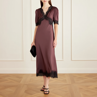 Robe midi élégante en satin violet sur mesure avec bordure en dentelle noire effet cils, manches courtes bouffantes, pour femmes, soirée, cocktail, fête