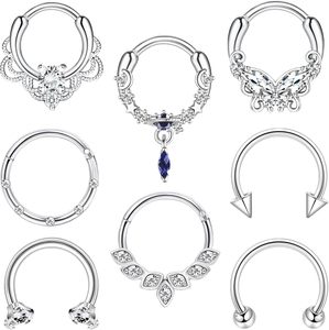 Ensemble de bijoux d'oreille en acier inoxydable 316L : Anneau de nez segmenté articulé, Zircon Marquise, Halo, Lune, Étoile, Papillon - Product Image 1